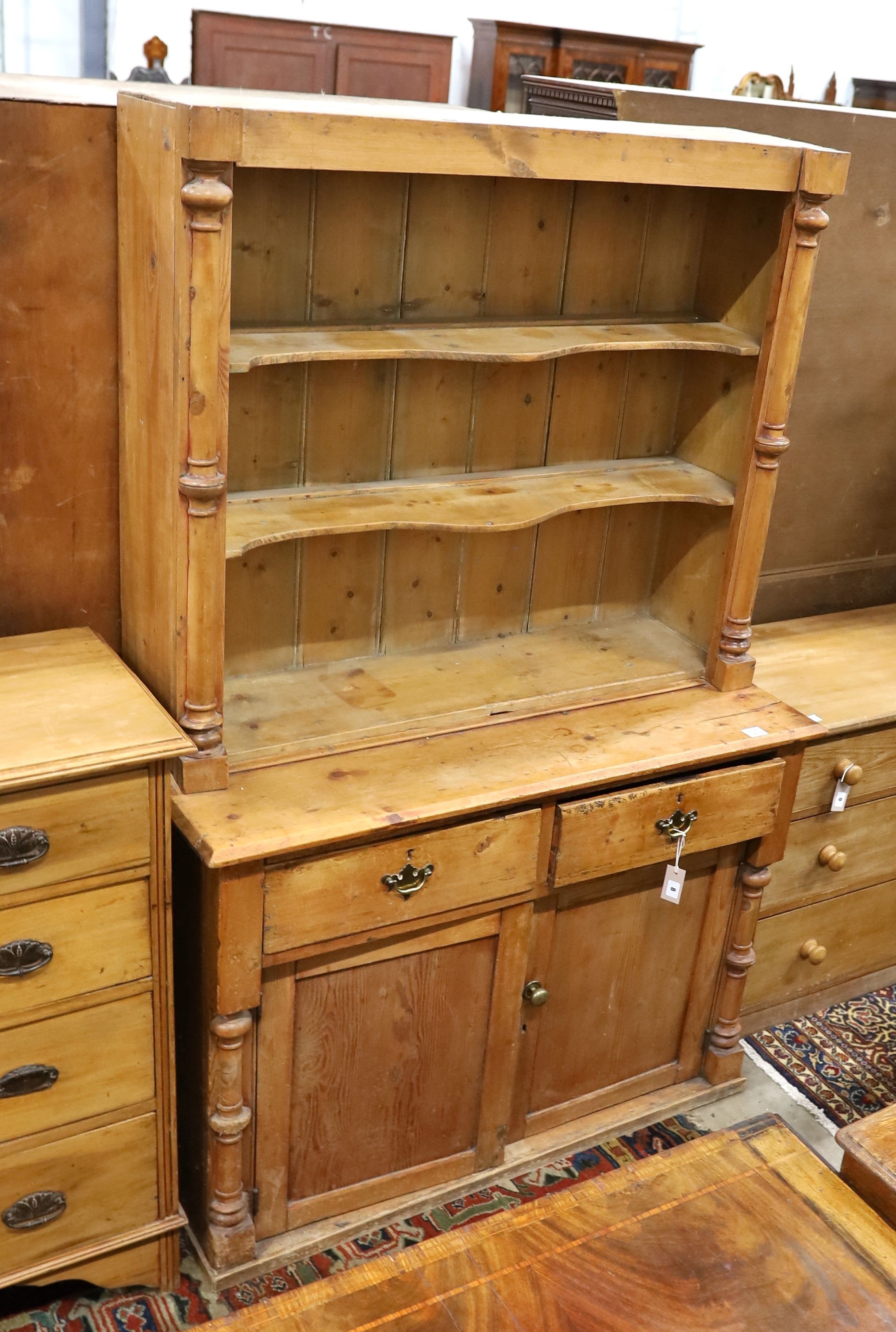 A Victorian pine dresser, and rack, length 120cm, depth 52cm, height 187cm